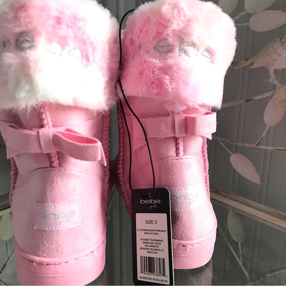 Sz 3 “bebe girls” Pink Microsuede Faux Fur Boots - Girls  Little Kid Size 3 - Picture 3 of 6